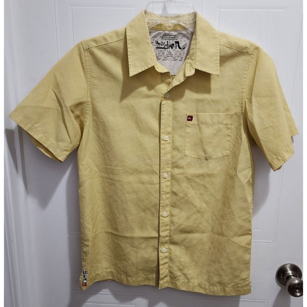 Quicksilver Shirt Mens Large Yellow Checkered Button Up Short Sleeve Embroidered